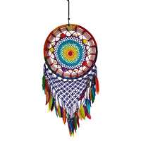 Dream Catcher 42cm Pom Pom Round Rainbow Doily Colouring with Feathers Hand Made