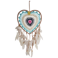 New 1pce 34cm Pink/Aqua Heart Dream Catcher Round Doily with Feathers Hand Made