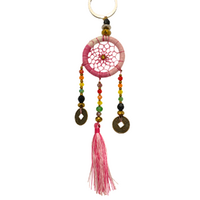 4cm Dream Catcher Pink Key Ring Colourful Web Design Chinese Coin Hand Made