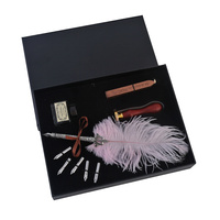 24cm Traditional 6 Nib Calligraphy Pen Set with Seal Stamp, Wax, Ink and Pink feather