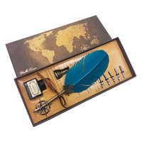 22cm Blue Feather Vintage Style Calligraphy Pen Set with 6 Nibs and 15ml Black Ink