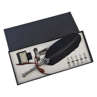 8pce 24cm Elegant Black Feather 6 Nib Calligraphy Pen Set with Ink, Pen Holder