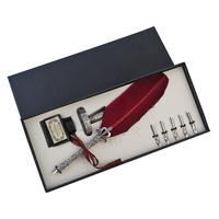 8pce 24cm Elegant Burgundy Feather 6 Nib Calligraphy Pen Set with Ink, Pen Holder