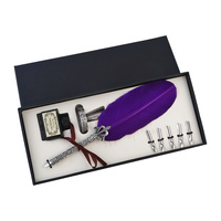 8pce 24cm Elegant Purple Feather 6 Nib Calligraphy Pen Set with Ink, Pen Holder