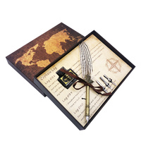 20cm Exotic White Brown Stripe Feather 4 Nib Calligraphy Pen Set with Ink in an Antique Style