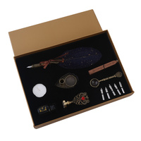 23cm Premium Antique Style 6 Nib Calligraphy Pen Set with In Stamp Wax Blue Feather