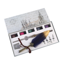 24cm Antique Style 4 Nib Calligraphy Pen Set with Two-Tone Feather Navy Blue & 5 Inks Gift Box