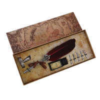 22cm Antique Style Calligraphy Fountain Pen Set with Red Feather, Holder, Ink & Extra Nibs