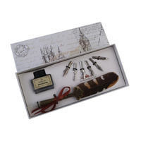 20cm Antique Style 7 Nib Calligraphy Fountain Pen Set with Black Ink & Two-Tone Feather Brown