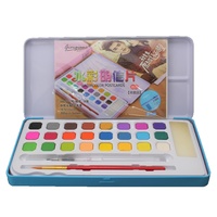 24pce Colour Watercolour Cake Half Pan Set in Blue Metal Box with Extras
