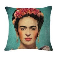 Frida Kahlo Flower Wreath Green Back Cushion Cover (Insert Included) 45cm Mexican Inspired Design