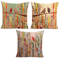 3pce Set of Red Bird Colourful Forest Cushions 45cm Japanese Inspired Bundle