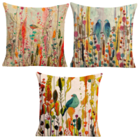 3pce Set of Blue Bird Colourful Forest Cushions 45cm Japanese Inspired Bundle