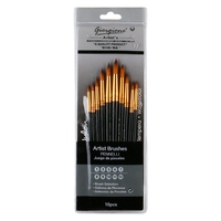10pce Round Tip/Peak Nylon Paint Brush Set with Black Handle Acrylic, Watercolour, Tempera