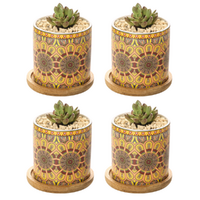 Ceramic Pots Set 4pce Yellow Retro Circles Round Planter for Flowers & Herbs