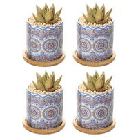 Ceramic Pots Set 4pce Blue Retro Circles Round Planter for Flowers & Herbs