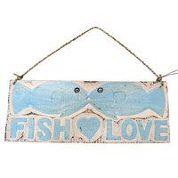 13cm x 31cm Sky Blue Wash Sign with "Kissing Fish" Carving Wooden Hanger Beach Plaque Romantic