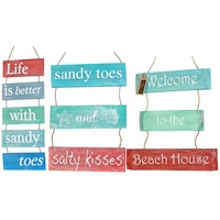 50cm x 20cm Stringed Wooden Tier Colourful Hanging Sign, Beach House Quotes
