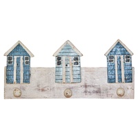 35cm x 16cm Keys/Coat Hanger Rack with Beach Houses, Blue & White Wooden