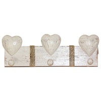 Keys/Coat Hanger Rack 36cm x 12cm with Love Hearts in White Wooden, Beach House