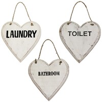 3pce Set Love Heart Wooden Hanging Signs 20cm Laundry, Toilet, Bathroom