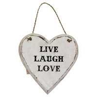 20cm Love Heart Wooden Hanging Live Laugh Inspirational Sign, Beach House, Shabby Chic