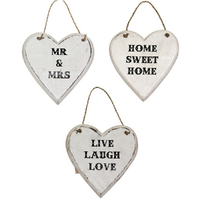 3pce Set Love Heart Hanging Signs 20cm Mr & Mrs, Home Sweet Home, Live Laugh Love