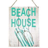 Beach House with Thongs Wooden Sign 40cm x 30cm Flip Flops, Blue
