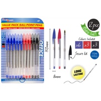 12pce Ball Point Pens. 6 x Blue. 3 x Red. 3 x Black. School. Office.Stationery