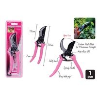 Pink - 200mm x Garden Pruning Shears, Carbon Steel Blades, Cushion Grips.
