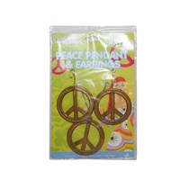 GOLD - 3pce Peace Symbol Earrings and Necklace Set Hippy Style Fancy Dress PY640
