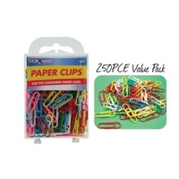 250pce Paper Clips - 28mm Multi Coloured In Hard Clip Box