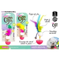 1pce Cat Play Toy with feathers bell and pompom weighted base
