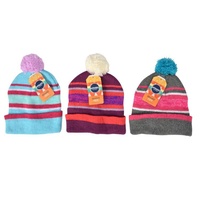 New 1Pce Girls Striped Beanie W/Pom Pom Winter 3 Asst Designs Stretchable
