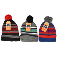 New 1Pce Kids Striped Beanie W/Pom Pom Winter 3 Asst Designs Stretchable