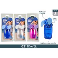 1pce Mini Travel Fan with Foam Blades Battery Operated Hand Held 3 Asstd Colours