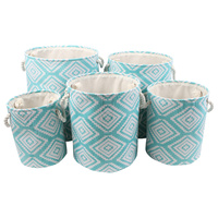 New 5pce Set Printed Fabric Moroccan Blue Baskets Storage Boho Décor Home