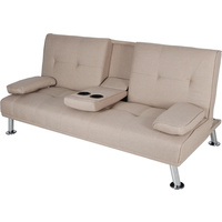 New 1pce 3 Seater Sofa Bed Lounge Beige Linen Couch Multi Function 2 Cup Holder