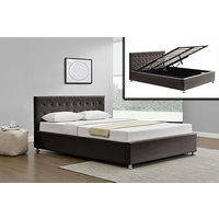 New 1pce Queen Size Fabric Bed Frame Gas Strut Espresso 152X203CM Déco Storage