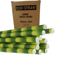 250pce Commercial Grade Jumbo Paper Straws 235mm x 8mm Eco Friendly Recyclable