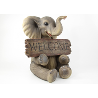 40cm Sitting Elephant Statue With Welcome Sign and Trunk Up With Happy Welcoming Face