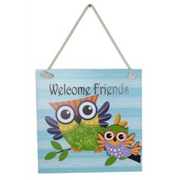 20cm BLUE Owl MDF Wall Plaque / Sign - 'Welcome Friends' Hangable