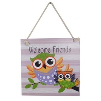 20cm PURPLE / PINK Owl MDF Wall Plaque / Sign - 'Welcome Friends' Hangable
