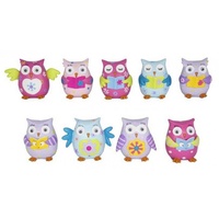 Complete Set of 9pce x Flower Power Owls - 6cm. Miniature With Goggly Eyes