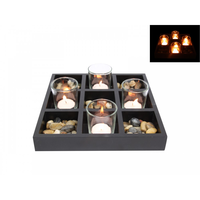 22cm Square 4Pce Candle Set With Mdf Base Natural Pebbles and Glass Tealight Holders
