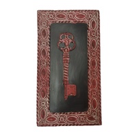 1pce Burgundy Red 30cm Tall Antique Key in Frame Metal Wall Art Decor