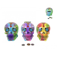 1pce 11.5cm Psychedelic Candy Skull Money Box, with Bright & Vibrant Colours - Blue & Green