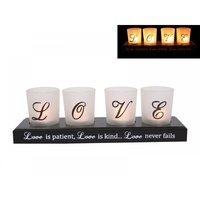 1 x 28cm Four Candle Love Glass Candle Holder with black base, with White Wording, Great for Home
