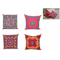 40cm Embroidered Cushion, Bright Colours with Pom Poms, Cover incl. Insert