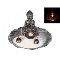 1x 28cm Silver Rulai Buddha Zen Garden with White Sand, Rake, and Tealight